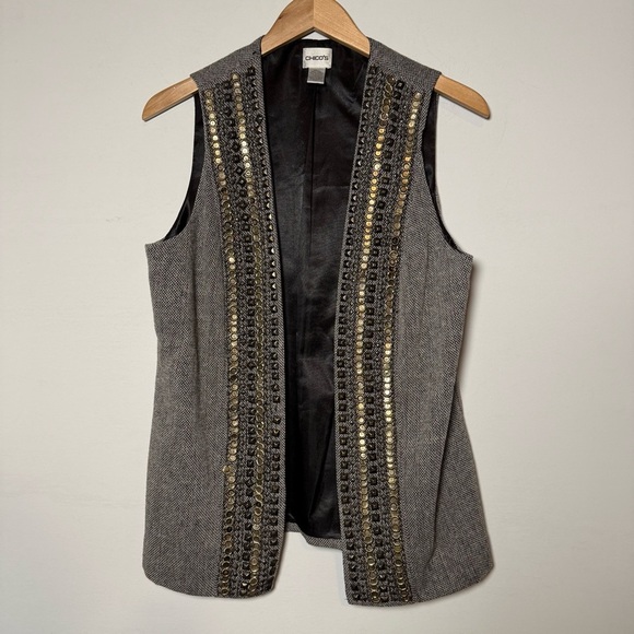 Chico's Tweed Gray with Gold and Silver Beaded Vest, Size 1 (8/10) - Picture 2 of 8